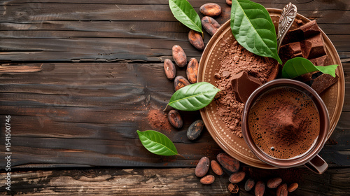 Different conditions of cocoa Various cocoa beans ground crushed cocoa powder chocolate paste chocolate pieces and hot chocolate in a cup on a wooden rustic background, Generative AI
