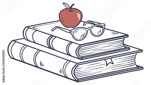 Illustration of an apple on top of books with glasses placed on the upper book stack drawing art 100
