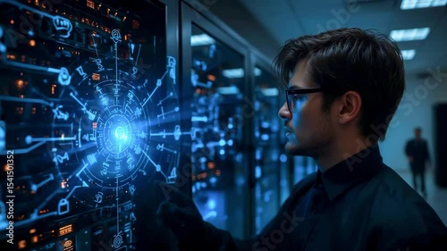 Technician interacting with advanced data server technology in a high-tech control room environment