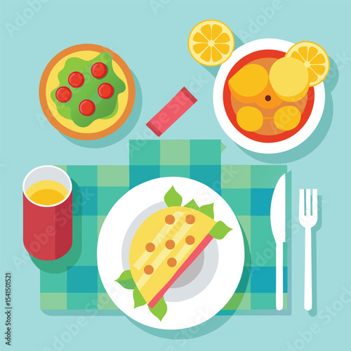 Flat Vector Illustration of a Colorful Lunch Scene with Pizza Soup Taco and Juice on a Checkered Tablecloth with Cutlery on a Light Blue Background