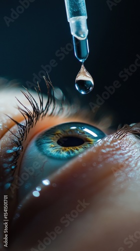 Eye receiving a droplet from an eye dropper, close-up view