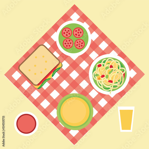 Vector Illustration of a Picnic Setup with Sandwich Pasta Salad Tomato Slices and Drink on a Red and White Checkered Blanket Top View