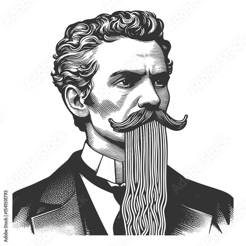 serious man in formal clothing with spaghetti flowing from his mouth in surreal fashion sketch engraving generative ai fictional character vector illustration. Scratch board. Black and white image.