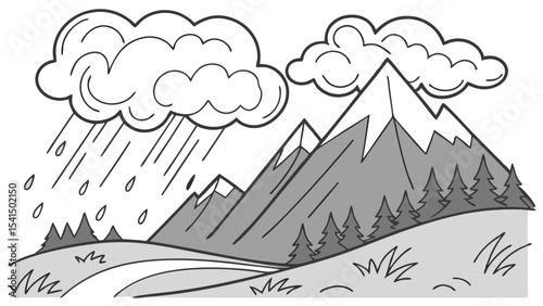 Illustration of a landscape with mountains, trees, clouds, and rain falling from the sky in black and white