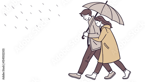 Illustration of a couple walking together under an umbrella in the rain, wearing coats and pants on white