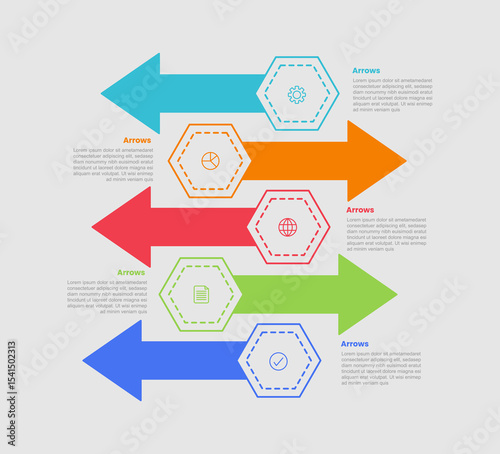 arrow shape infographic diagram with arrow on hexagon shape with opposite direction with 5 step for slide presentation