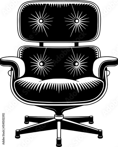 High-contrast black and white silhouette of classic lounge chair with ottoman, iconic retro furniture mascot, perfect for modern and vintage decor