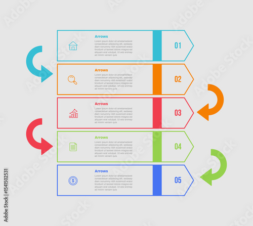 arrow shape infographic diagram with big arrow box and curve arrow direction down or bottom direction with 5 step for slide presentation