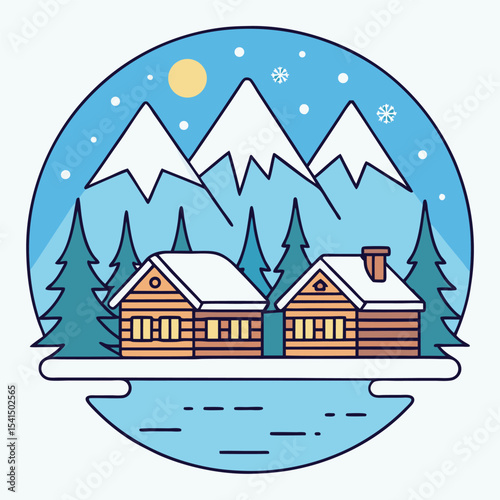 Cozy winter scene with snow covered cabins mountains pine trees and snowy landscape