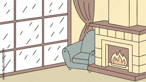 Illustration of a cozy living room with a window showing rain armchair and a lit fireplace indoors