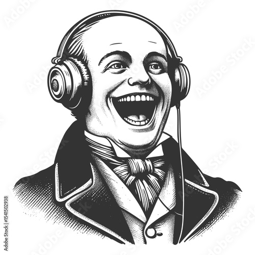 joyful bald man in formal attire wearing headphones laughing heartily while listening to music sketch engraving generative ai fictional character vector illustration. Scratch board. Black and white.