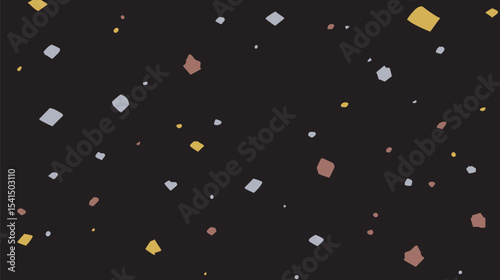 Scattered geometric forms float abstractly dark backdrop design
