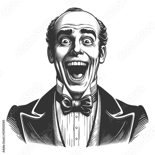 Funny bald man in formal clothing, laughing loudly with a wide open mouth and expressive joy sketch engraving generative ai fictional character vector illustration. Scratch board. Black and white.