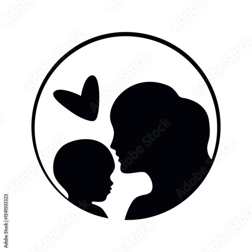 Mother and Child Silhouette with Heart Symbol Vector. This vector illustration symbolizes love, family connection, and maternal bond.