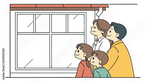 A family of four looking out of a window with a brown roof and white frame with a neutral background