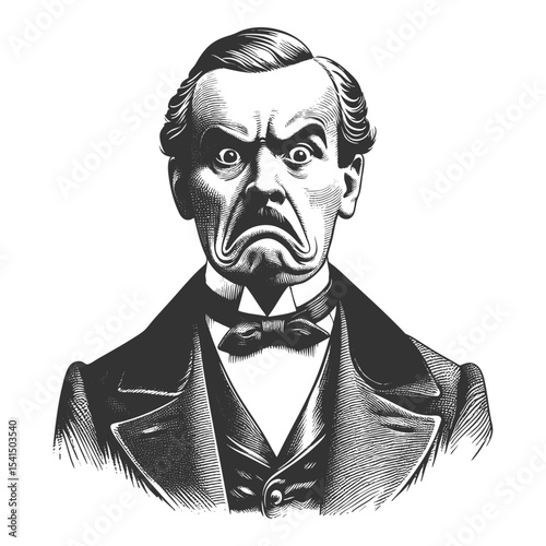 Funny Victorian gentleman with a deep frown and intense angry expression in formal attire sketch engraving generative ai fictional character vector illustration. Scratch board. Black and white image.