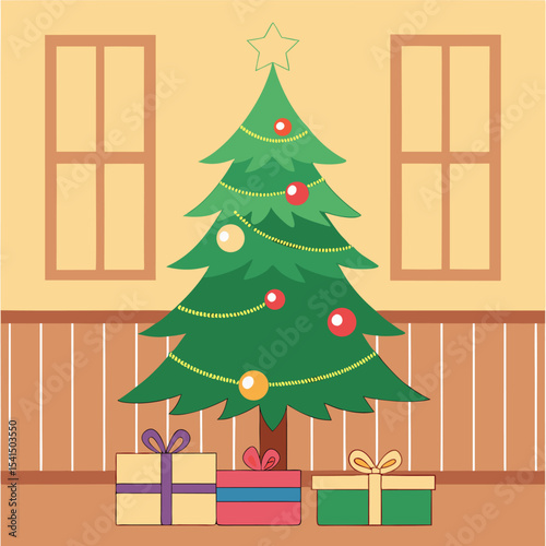 Decorated christmas tree with gifts and windows festive holiday illustration in a warm room