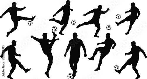 Soccer silhouettes, action players, football skills display, athletic pose illustration, dynamic sports movement, energetic game scene, kicking ball motion, team sport concept, vector graphic