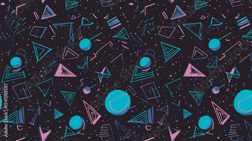 Vivid shapes scatter abstract patterns across dark backdrop creating texture