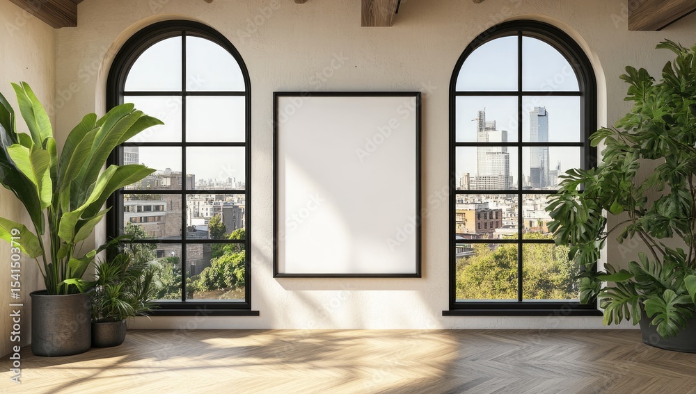 Modern room with large windows, plants, and blank art Modern room with large windows, plants, and blank art