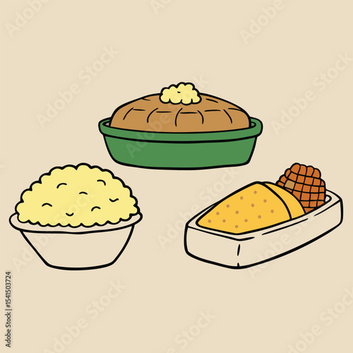Cartoon Illustration of Three Thanksgiving Dishes Including Mashed Potatoes Stuffing and Cornbread Presented in Bowls and a Casserole Dish on a Beige Background