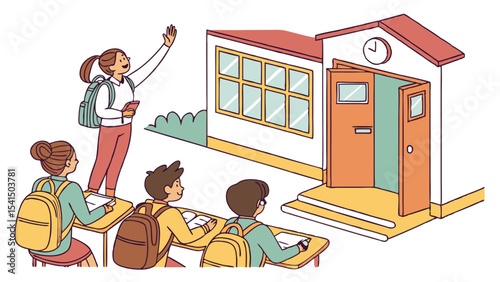 Illustration of a teacher waving goodbye to students outside a school building with open doors and windows
