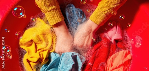 The artistic process of hand-washing colorful clothes in a vibrant basin.