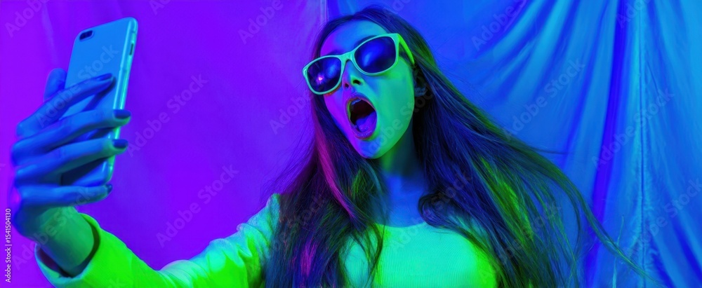 The vibrant young woman taking a selfie with neon colors and excitement. The vibrant young woman taking a selfie with neon colors and excitement.