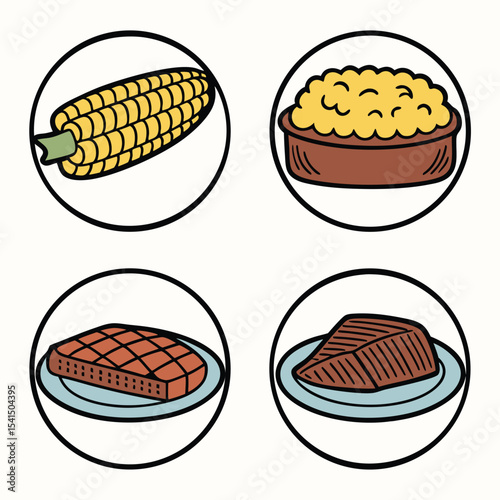 Four Food Icon Set with Corn Mashed Potatoes Steak and Brisket in Circles Representing a Traditional Meal with Bold Outlines and Simple Color Palettes