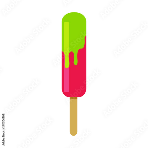 Colorful popsicle melting under the sun with vibrant shades of green and red during a hot summer day