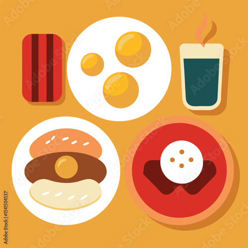 Flat Design Breakfast Illustration with Bacon Eggs Coffee Pancake and Burger on a Yellow Background for a Modern and Minimalist Aesthetic
