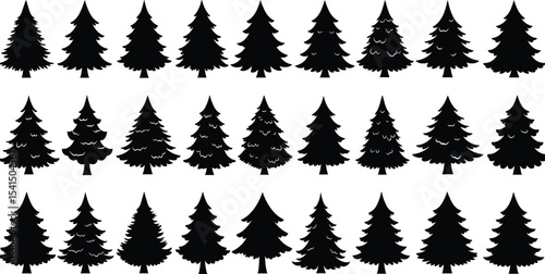 Pine tree silhouettes, black vector illustration, evergreen shapes collection, winter forest elements, conifer icons set, Christmas tree outlines, natural woodland decor, graphic design
