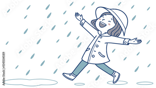 Illustration of a happy girl in raincoat and hat walking in the rain with arms outstretched and puddles below