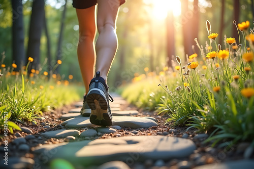 Hiking.A hiker walking a gravel path with wildflowers and sunlight through trees. AI-generated