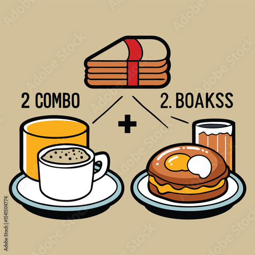 Cartoon Illustration of a Breakfast Combo Meal Featuring Pancakes Coffee Orange Juice and Biscuits and Gravy all on Plates with a Tan Background
