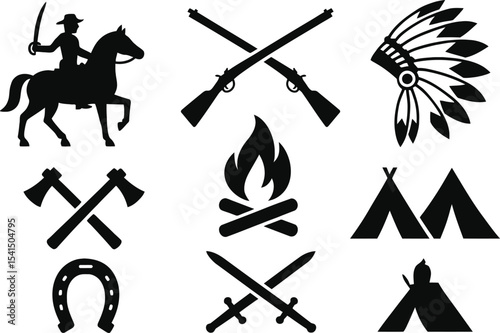 Black silhouette icon set for Battle of the Little Bighorn. Solid black vector pictograms of historical battle elements including cavalry soldier on horseback, rifles, war hatchets, feathers headdress