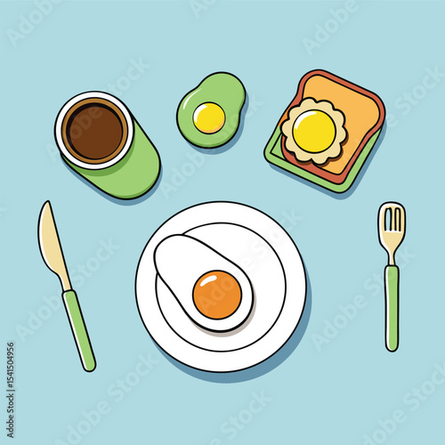 Whimsical Breakfast Still Life Illustration with Fried Eggs Avocado Toast and Coffee Featuring Clean Lines and a Pastel Blue Background for a Modern Aesthetic