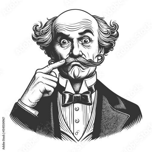 Funny quirky Victorian gentleman twisting his mustache with a playful, wide-eyed expression sketch engraving generative ai fictional character vector illustration. Scratch board. Black and white.
