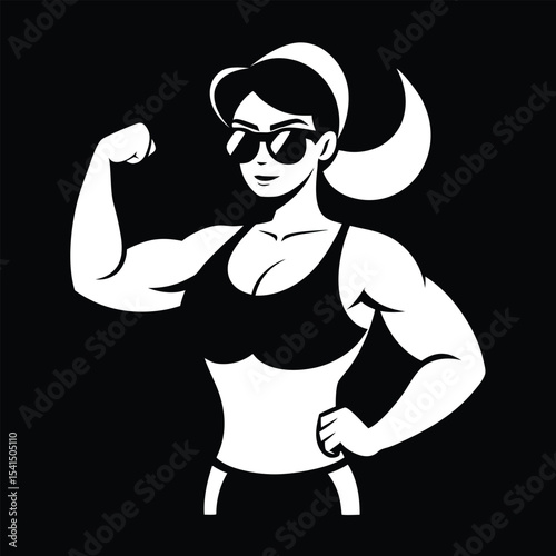 vector illustration of a young woman wearing sunglasses, working out in the gym, showing off her fitness and muscles, and isolated on black background