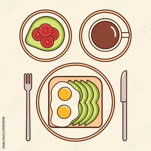Stylized Breakfast Illustration Featuring Avocado Toast with Eggs a Side Salad and a Cup of Coffee on a Light Beige Background with Utensils