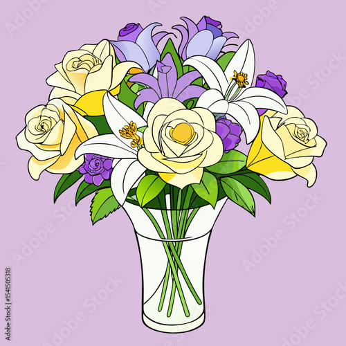 A bouquet of flowers in a clear glass vase. The bouquet features a mix of white lilies, yellow roses, and lavender-purple roses. Small, light pink and white filler flowers and greenery are intersperse