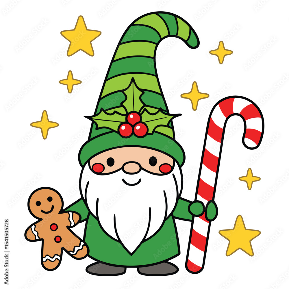 Naklejka premium Festive christmas gnome holding a candy cane and gingerbread man with star decorations