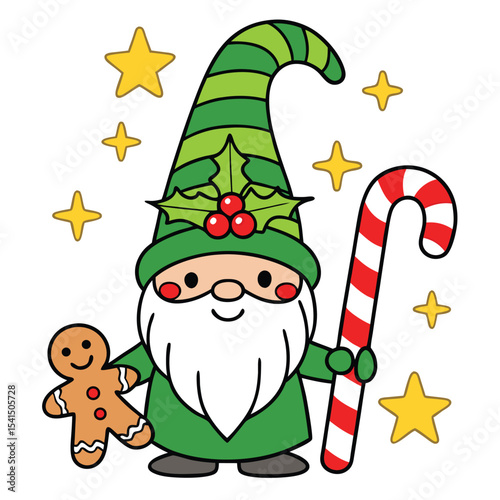 Festive christmas gnome holding a candy cane and gingerbread man with star decorations