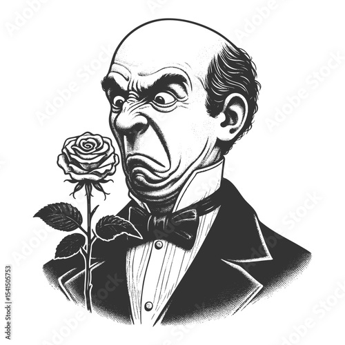 Funny Victorian gentleman making a repulsed face while staring at a single blooming rose sketch engraving generative ai fictional character vector illustration. Scratch board. Black and white image.