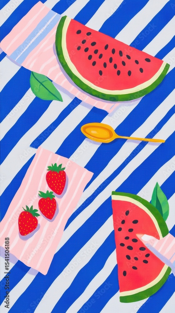 Obraz premium Sliced watermelon and strawberries on a striped blue background with a spoon