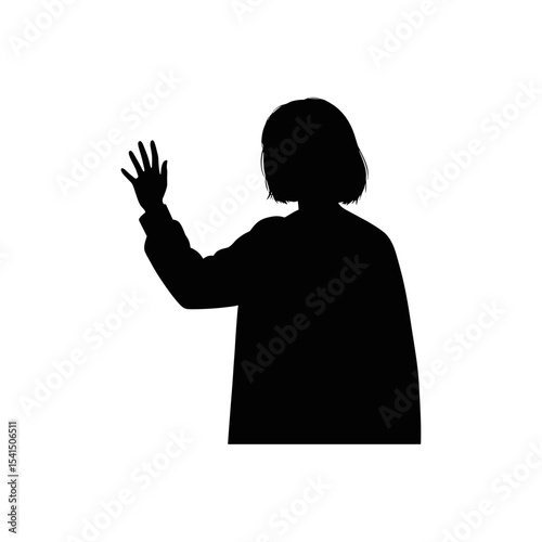 Silhouette of young girl waving goodbye in a minimalist style  