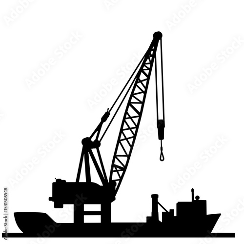 Crane silhouette on a barge against a white background  