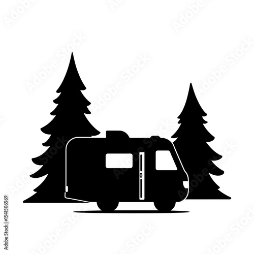 Black silhouette of camper van among pine trees in nature  