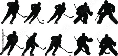 Ice hockey silhouettes, goalie and player actions, sports vector illustration, dynamic movement poses, black artwork design, winter sports theme, stick and puck graphics