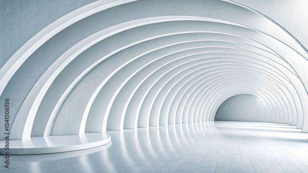 Naklejka premium Futuristic white arched tunnel with curved architecture and glossy reflective floor